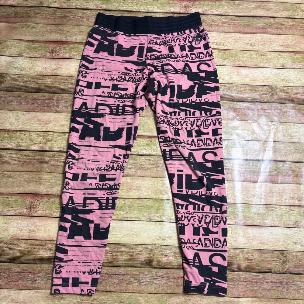 Adidas Pink Black Graphic Logo Print Leggings XS BP9276 Athletic Tights